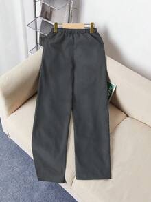 SHEIN Tween Boy 字母贴片设计口袋腰带休闲裤，适合日常通勤和休闲穿着 - 灰色 - 查看 2