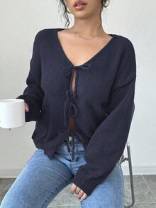 Selianne Áo cánh dài tay buộc dây phía trước màu trơn dành cho nữ, thiết kế đơn giản để mặc hàng ngày, áo khoác cardigan dáng ngắn màu đen, áo khoác cardigan nơ cho bé gái, áo khoác cardigan dáng ngắn màu đen - Màu xanh hải quân - Xem 6