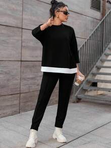 EURMUSE Ensemble Top et pantalon à col rond color block en coton grande taille pour femmes - Noir - Voir 3