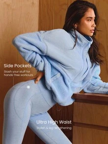 GLOWMODE Quần legging cạp siêu cao 28 inch Softy Velvaire không đường may phía trước với túi bên hông, thích hợp cho yoga, pilates, tập luyện nhẹ nhàng, mặc hàng ngày, mùa xuân hè. - Màu xanh nhạt - Xem 5