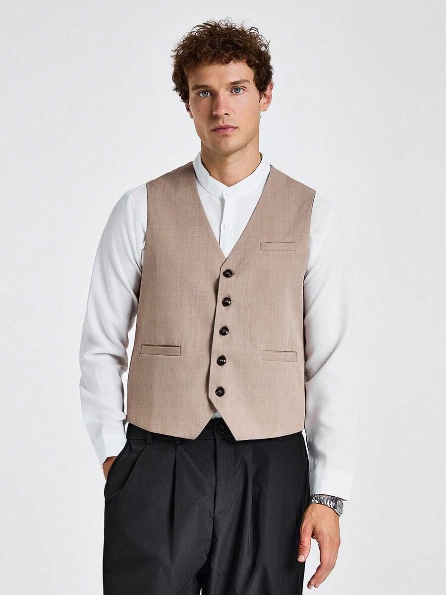 Calvornis Men's Single-Breasted Business Casual Vest (Shirt And Tie Not Included) Dress Outfits For Men Dress Shirt With Vest For Men Classy Outfits For Men Men Dress Outfit Mens Fashion Clothes - Khaki - View 1