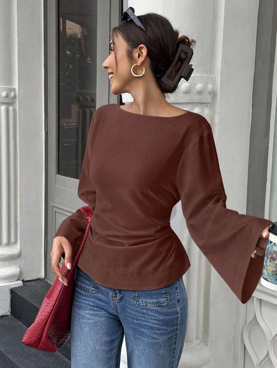 Selianne Women's Solid Color Tie Waist Flare Sleeve Shirt, Suitable For Spring And Autumn Fall Cloth For Women - Brown - View 1