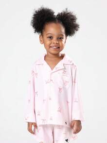 SUMWON Girls Bow Print Striped Pajama Set Short Sleeve Button Up Summer Sleepwear Kids Comfortable Wear Nightwear Set Pink Fall Winter For Casual And Vacation - Multicolor - View 3
