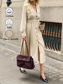Elyressa Women's Fashion Lapel NeckSingle-Breasted Waist Belt Mid-Length Dress Fall Cloth For Women - Khaki - View 1