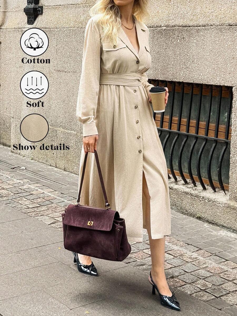 Elyressa Women's Fashion Lapel NeckSingle-Breasted Waist Belt Mid-Length Dress Fall Cloth For Women - Khaki - View 1