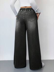 SHEIN Tall Women's Jeans Casual High Waist Wide Leg Trousers Blue Women's Jeans Baggy Jeans Y2k Jeans Wide Leg Jeans Jeans With Drawstring High Waisted Jeans Romwe Jeans Women Jeans High Waist,Black Jeans - Black - View 2
