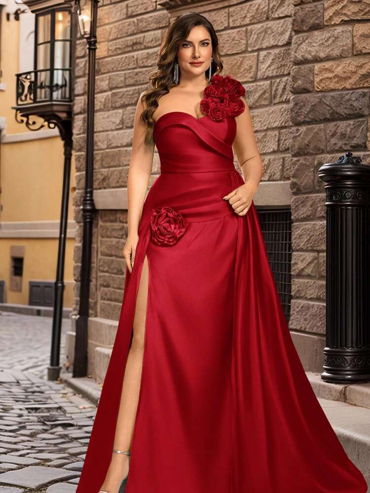 Glamrae Vestido de noche formal de talla grande elegante y romántico con un hombro, escote de corazón, decoración floral 3D, abertura alta en la falda de cola de sirena con aplicaciones - Rojo - Añade 1