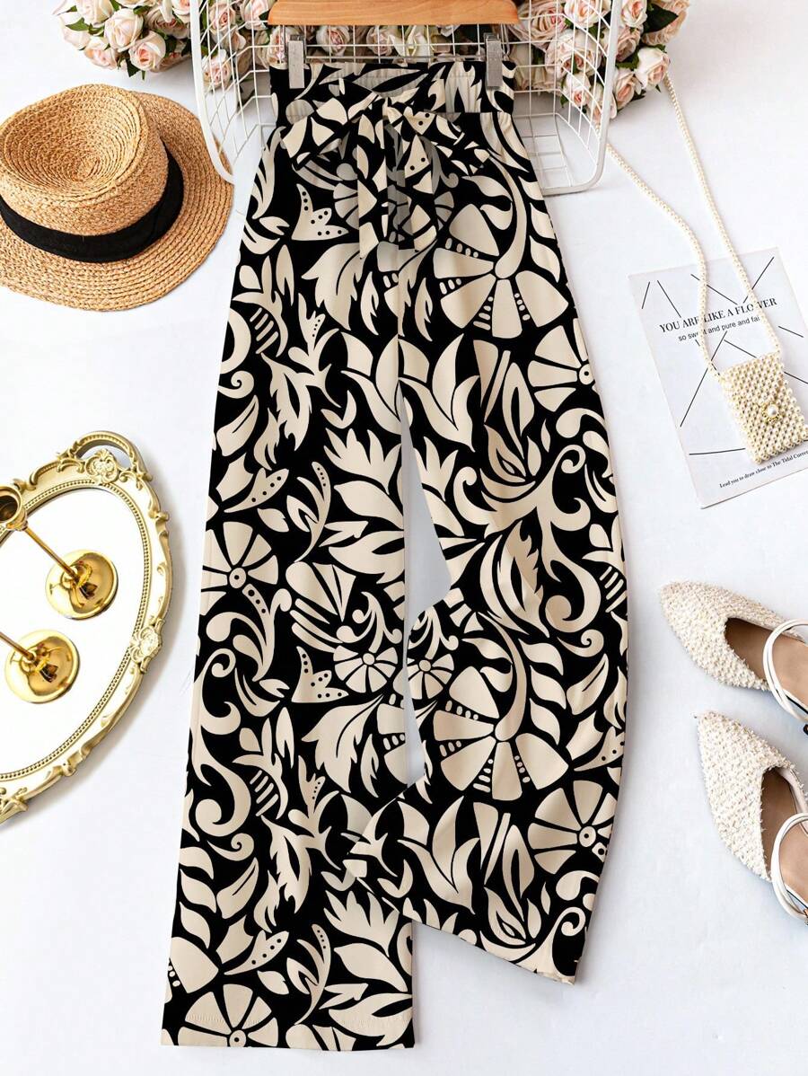 SHEIN LUNE Pantalones largos de mujer con cintura suelta y estampado floral casual, adecuados para primavera/verano