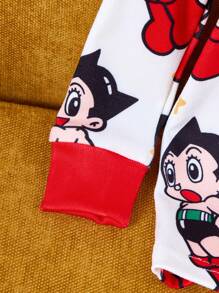 Astro Boy X SHEIN 2 pièces Ensemble de pyjama décontracté confortable avec Top à manches longues col ras-du-cou avec motif de personnage de dessin animé pour bébé garçon et pantalon ajusté