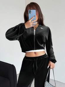 SHEIN 少女天鹅绒休闲运动套装，宽松黑色连帽衫和裤子套装 - 黑色 - 查看 1