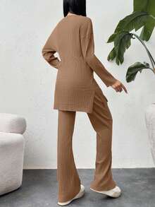 EURMUSE Cotton Drop Shoulder Split Hem Tee & Pants - Mocha Brown - View 2