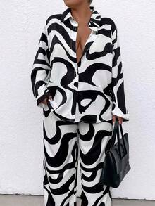 SHEIN LUNE 大尺碼拼色襯衫褲套裝 - 彩色 - 查看 3