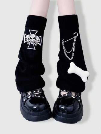 Grunge Punk 1 Pair Black Thigh High Socks, Warm Leg Warmers For Women