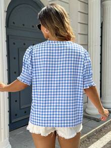 SHEIN LUNE Blue & White Plaid Short Sleeve Casual Plus Size Shirt For Women, Suitable For Everyday Wear - Blue - View 2