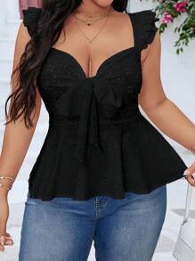 Elenzga Plus Size Solid Color Sleeveless Cropped Top, Minimalist & Fashionable, Suitable For Summer - Black - View 1