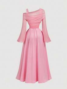 SHEIN MOD 粉色露肩网眼二合一喇叭袖长袖女式连衣裙，西部风、复古风、70 年代风、单身女郎风 - 粉色 - 查看 2