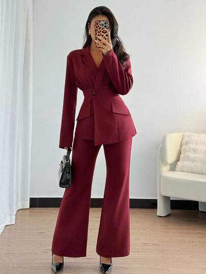 Chiquease Islaluna Women's Fashionable 2 In 1 Splicing Casual Blazer Jacket And Flared Pants Suit Set, Autumn/Winter Fall Cloth For Women