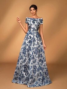 Serin 优雅奢华提花欧根纱露肩花卉长裙，适合婚礼、派对、度假、舞会、新娘和母亲的晚礼服 - 藏蓝色 - 查看 7