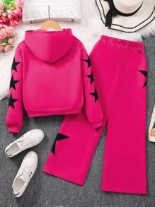 SHEIN 女童 Tween Girl 星星刺绣连帽运动服，适合秋冬季 - 玫紅色 - 查看 2