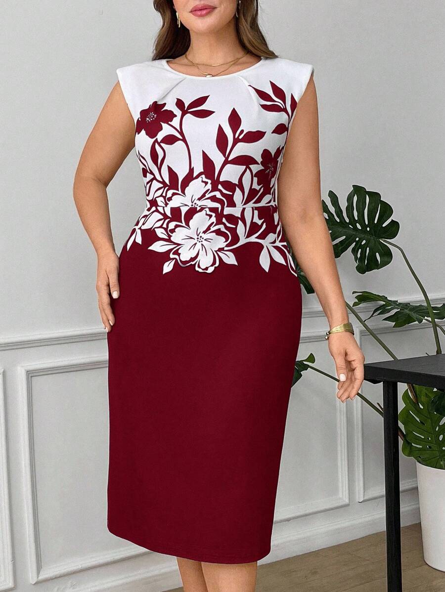 Reflora Gaun Musim Panas Wanita Ukuran Besar, Gaun Mini Bodycon Bermotif, Gaun Pas Badan yang Elegan - Burgundy - View 1