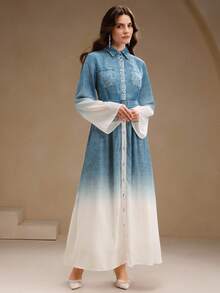 Anewsta Váy dài tay ombre thanh lịch dành cho nữ, màu xanh lam chuyển sắc sang trọng, thu/đông - Màu xanh lam - Xem 5