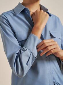 Airaco Bộ đồ 2 món đơn sắc tay dài, túi hộp một hàng khuy dành cho nữ - Màu xanh lam - Xem 7