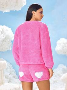 SHEIN X Care Bears 女士卡通刺绣长袖上衣和短裤睡衣套装，秋季服装 - 粉色 - 查看 2