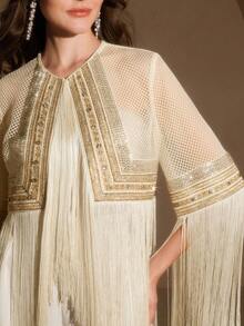 Anewsta Women's Regular Jacket With Tassel & Mesh Design - Apricot - View 3