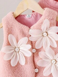 3pcs Baby Girls Pink Fluffy 3D Flower Vest Jacket, Knitted Collar Long Sleeve Top, Pleated Skirt Outfit Set, Fashionable & Cute, Autumn/Winter Girls Pink Skirt Set Baby Girl Skirt Outfit Pink Outfit For Girls Girl Outfits Set Toddler Girl Outfits Pink Skirt Set With White Flower Jacket Princess Dress Toddler Girl Uniform Skirt Outfit With Jacket Baby Girl Fall  Princess  Halloween/Christmas Party Sets For  Vacation  Autumn And Winter