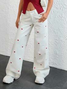EURMUSE WOMEN WIDE LEG LOW WAIST HEART EMBROIDERY DETAIL JEANS - White - View 6