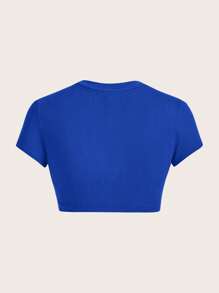 SHEIN ICON 休闲简约百搭圆领短袖修身短款女式 T 恤，适合夏季套头衫 - 寶藍色 - 查看 2