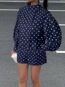 Muchica 2025 秋季女款海军蓝波点印花长袖拉链夹克和短裤休闲宽松两件套，Y2K 服装，返校季，2000 年代街头时尚，垃圾摇滚和朋克