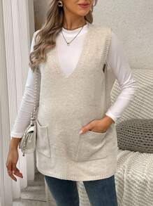 SHEIN 孕妇V领双口袋休闲针织背心，秋冬