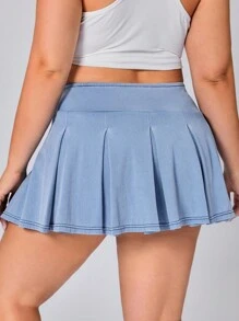SHEIN Essnce Plus Size Women's Spring/Summer Knitted Denim Pleated Skirt With Shorts - Light Wash - View 2