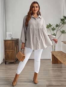 EMERY ROSE 大码冬季女式休闲条纹灯笼袖衬衫，秋季度假女装/女士秋季度假装 - 棕色 - 查看 5