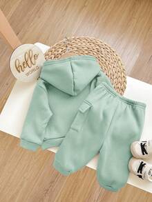 2件套男婴可爱绿色连帽运动衫带口袋和松紧腰裤套装，秋冬 - 綠色 - 查看 3