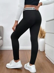 SHEIN Leggings casuales de cintura para niña preadolescente con parches en contraste de color negro y blanco
