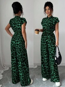 Chiquease Women's Elegant Stand Collar Open Front Short Sleeve Cinched Waist Wide Leg Jumpsuit Leopard Print Jumpsuit Green Jumpsuit Casual Jumpsuit Women Jumpsuit Green Leopard Jumpsuit