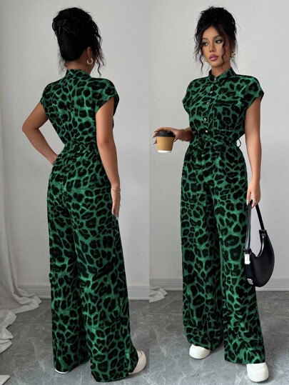 Chiquease Women's Elegant Stand Collar Open Front Short Sleeve Cinched Waist Wide Leg Jumpsuit Leopard Print Jumpsuit Green Jumpsuit Casual Jumpsuit Women Jumpsuit Green Leopard Jumpsuit