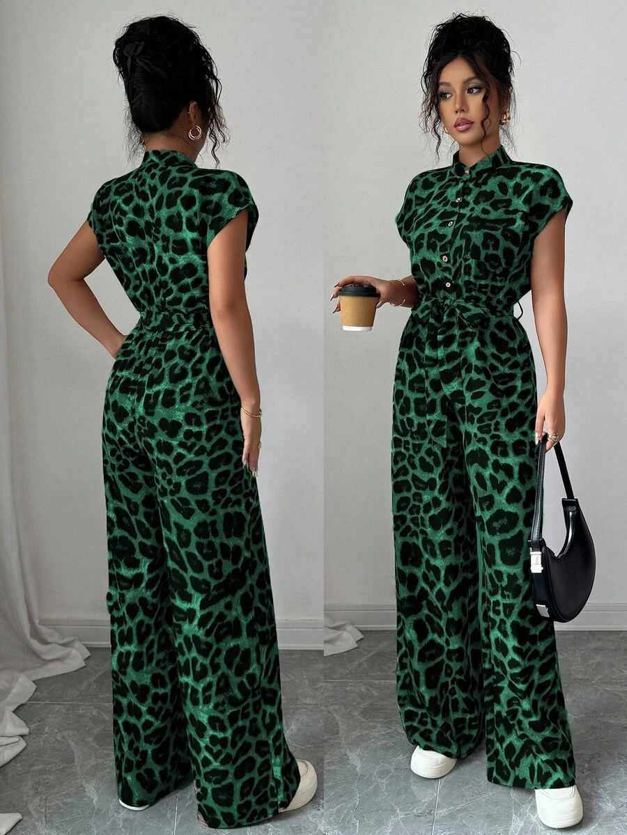 Chiquease Women's Elegant Stand Collar Open Front Short Sleeve Cinched Waist Wide Leg Jumpsuit Leopard Print Jumpsuit Green Jumpsuit Casual Jumpsuit Women Jumpsuit Green Leopard Jumpsuit