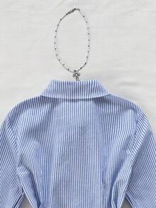 Teen Girls Blue & White Striped Button-Up Embroidered Long Sleeve Blouse, Striped, Preppy, Casual, Back To School/Halloween,Glowmode,Fall,Winter,Autumn