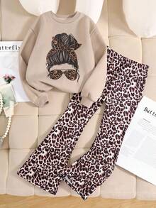 SHEIN 2 件套 青少年女孩宽松休闲简约舒适圆领卡通印花运动衫和裤子套装