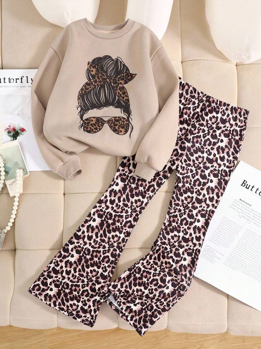 SHEIN 2 件套 青少年女孩宽松休闲简约舒适圆领卡通印花运动衫和裤子套装