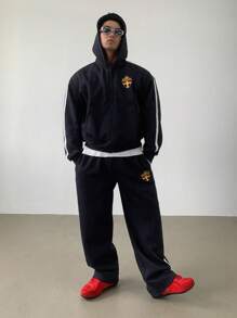 DAZY Men's Autumn Zip-Up Hoodie Set With Side Stripe, Letter Print Design, Streetwear Style - Navy Blue - View 7