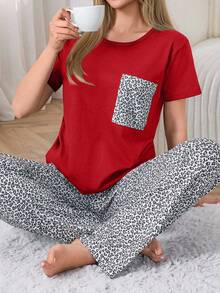 EURMUSE Cotton 2 Pcs Leopard Pocket Detail Short Sleeved Top Pattern Sleep Bottom Homewear Pajama Set Sleeping Dark Red White Animal Print Casual - Red - View 5