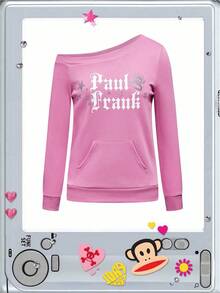 Paul Frank X ROMWE Women's Letter Print Asymmetric Collar Long Sleeve T-Shirt With Pocket - Pink - View 1