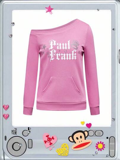 Paul Frank X ROMWE T-shirt à manches longues avec col asymétrique et imprimé lettres avec poche pour femmes