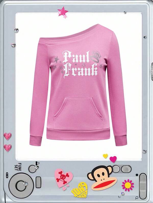 Paul Frank X ROMWE Women's Letter Print Asymmetric Collar Long Sleeve T-Shirt With Pocket