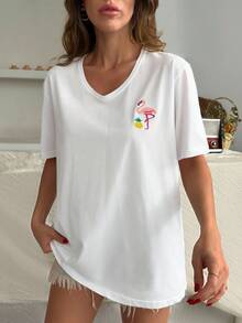 EURMUSE 女士火烈鸟和菠萝印花V领短袖休闲T恤 - 白色 - 查看 3