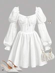 Girlism Tween Girls' Backless A-Line Puff Sleeve Dress/Halloween,Glowmode,Fall,Winter,Autumn/Activities/Autumn/Winter/Halloween,Glowmode,Fall,Christmas/Holiday/Festival/Winter - White - View 1